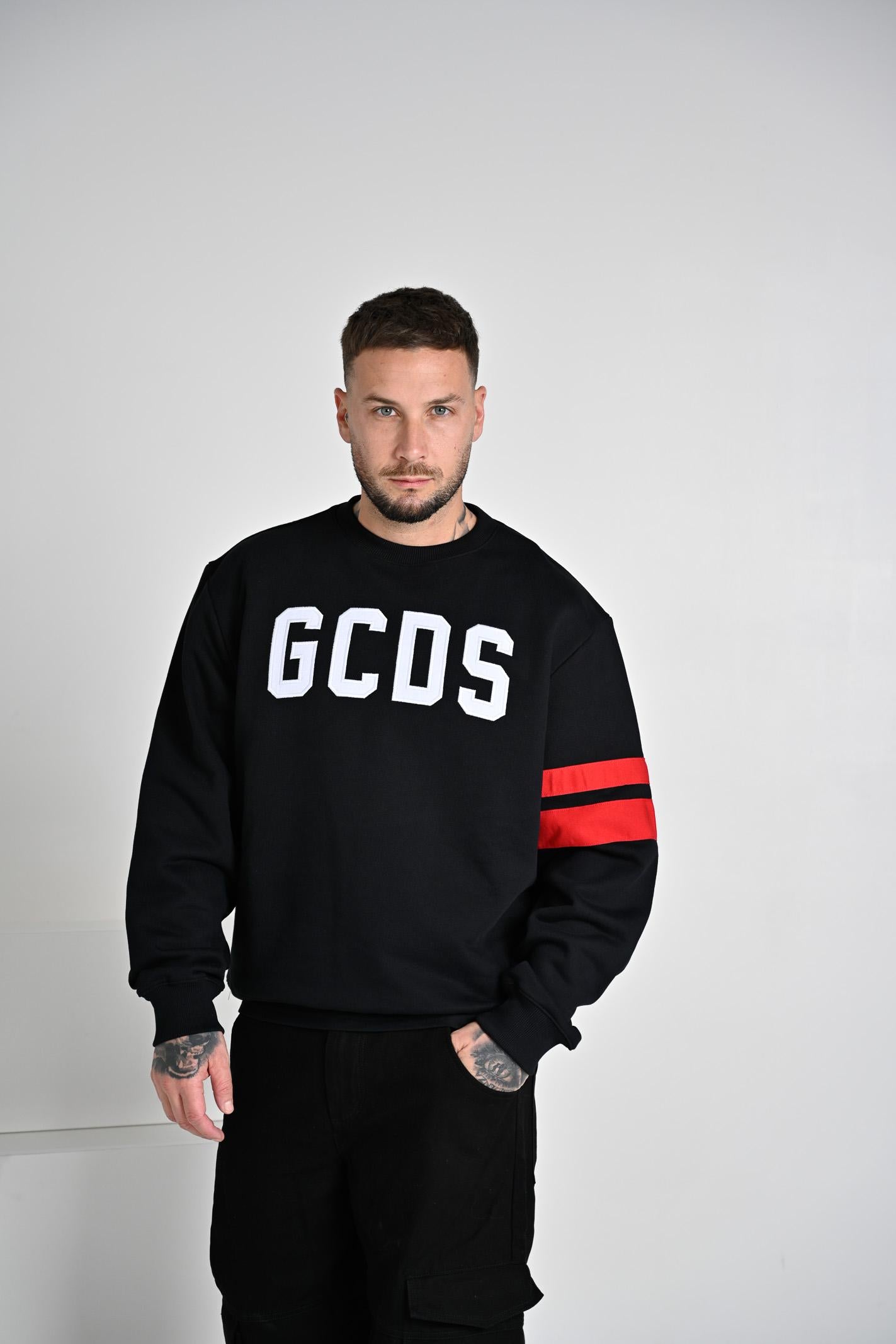 GCDS Felpa Girocollo Nera Uomo Donna - Logo Ricamato