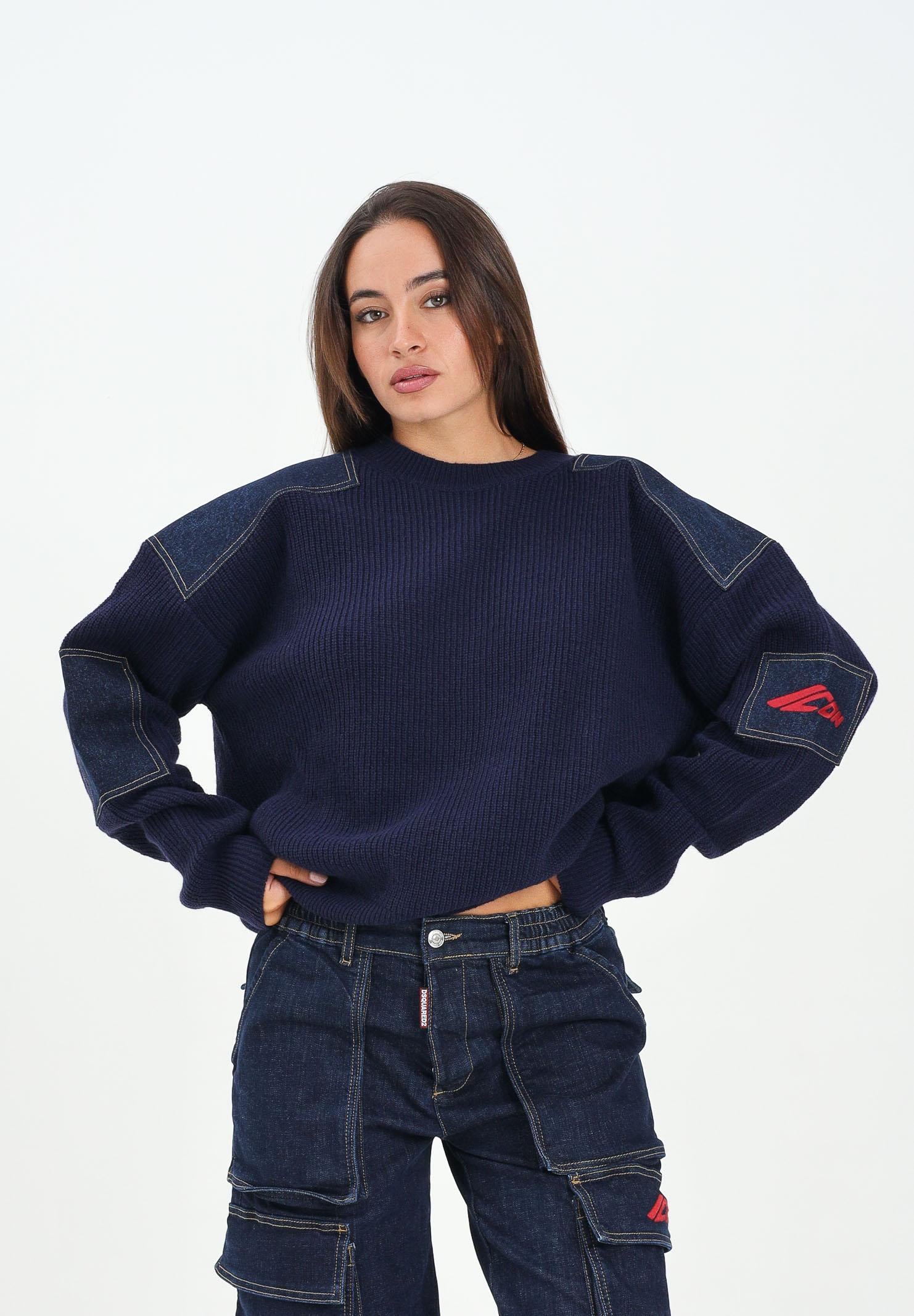 DSQUARED2 Maglioncino girocollo blu per donna, ragazzi e bambini con inserti in denim DQ3132D0AAZ DQ883 DSQUARED2 