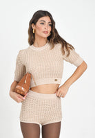 ELISABETTA FRANCHI Maglia a manica corta beige da donna con paillettes<BR/> MK18Q56E2 EA2 ELISABETTA FRANCHI 