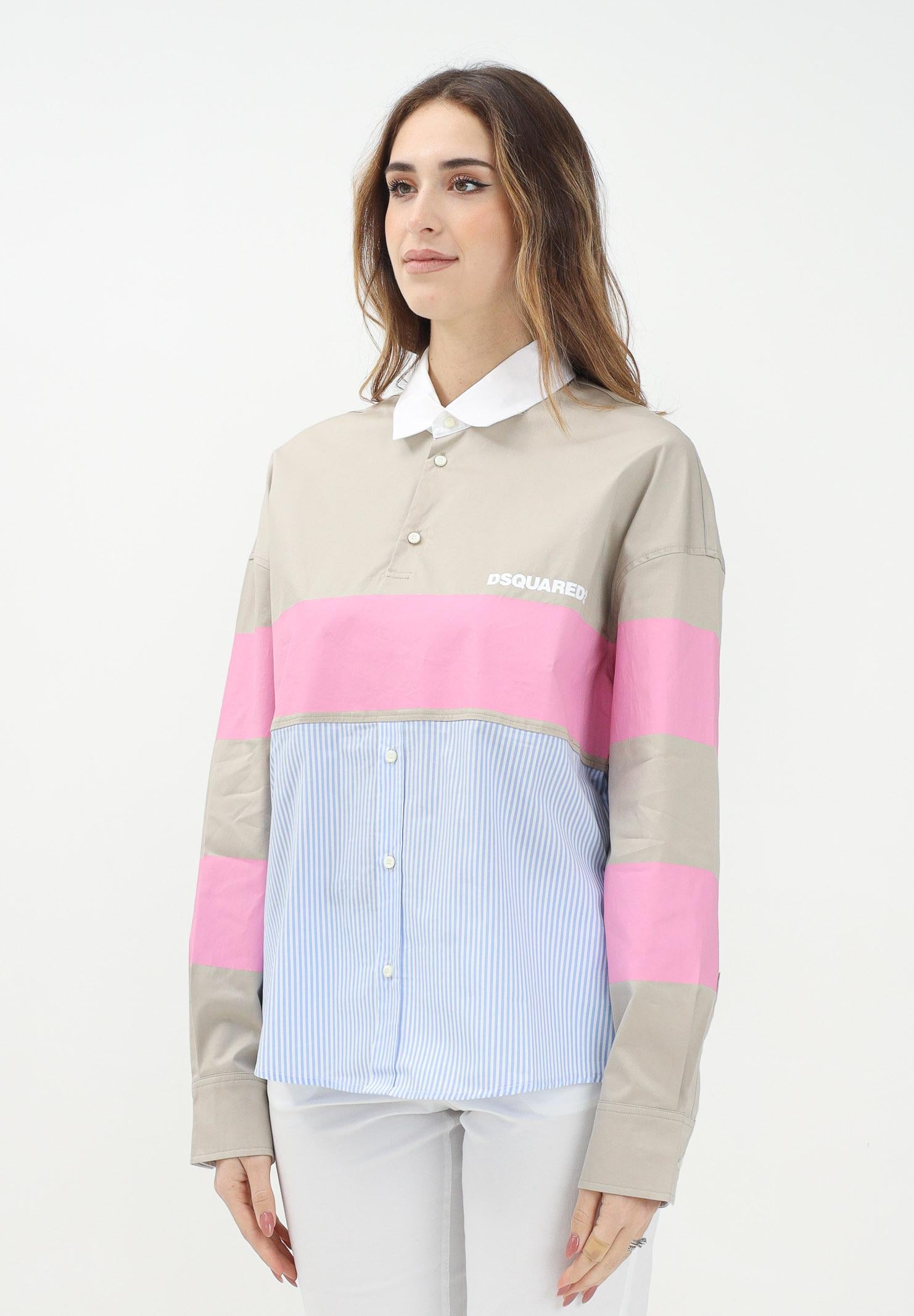 DSQUARED2 Camicia a manica lunga beige per donna e bambina con stampa logo e inserti a contrasto DQ2772D0AC3 DQC14 DSQUARED2 