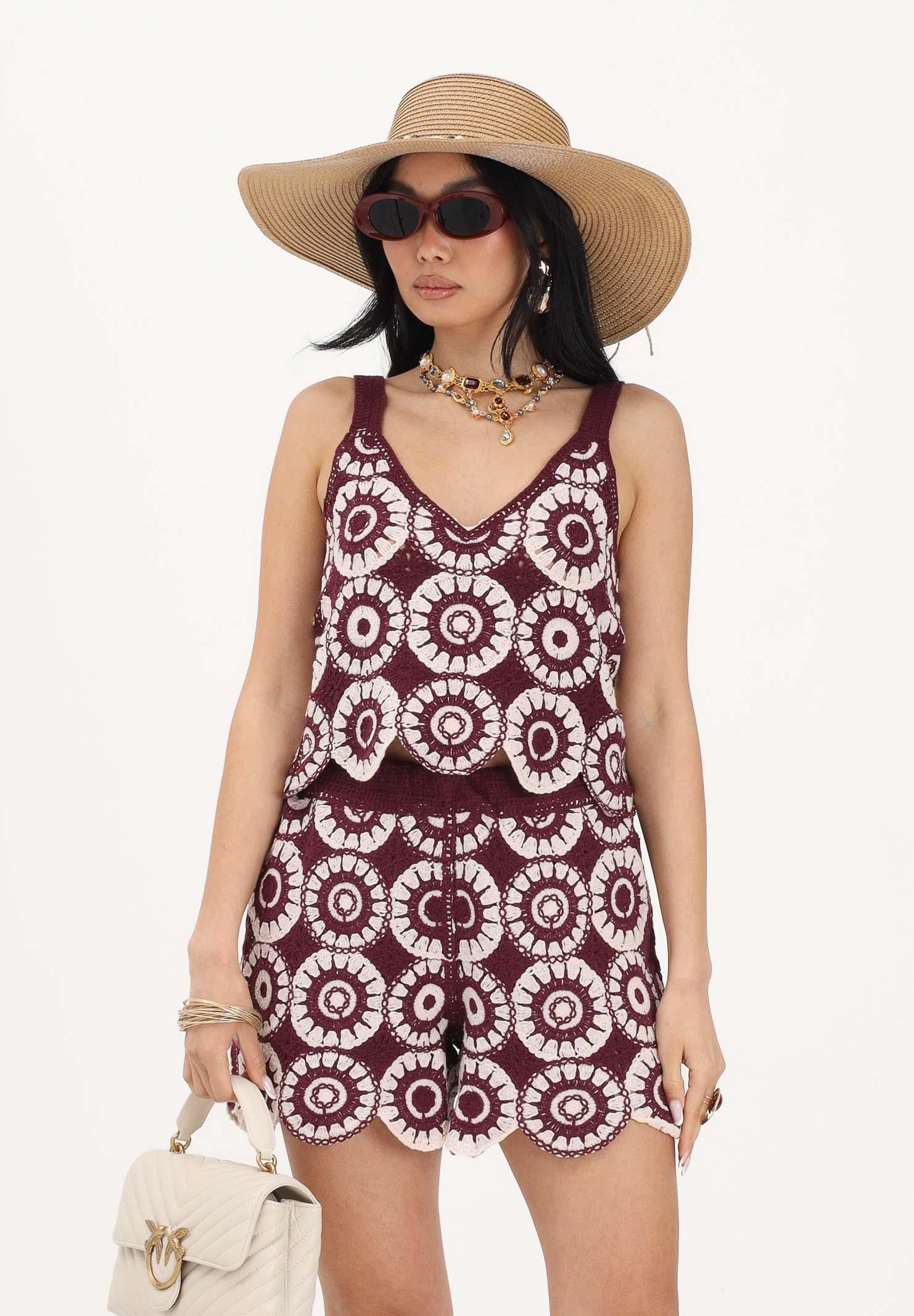 ONLY Top bordeaux e panna da donna in tessuto lavorato tipo crochet 15289731 GRWI ONLY 