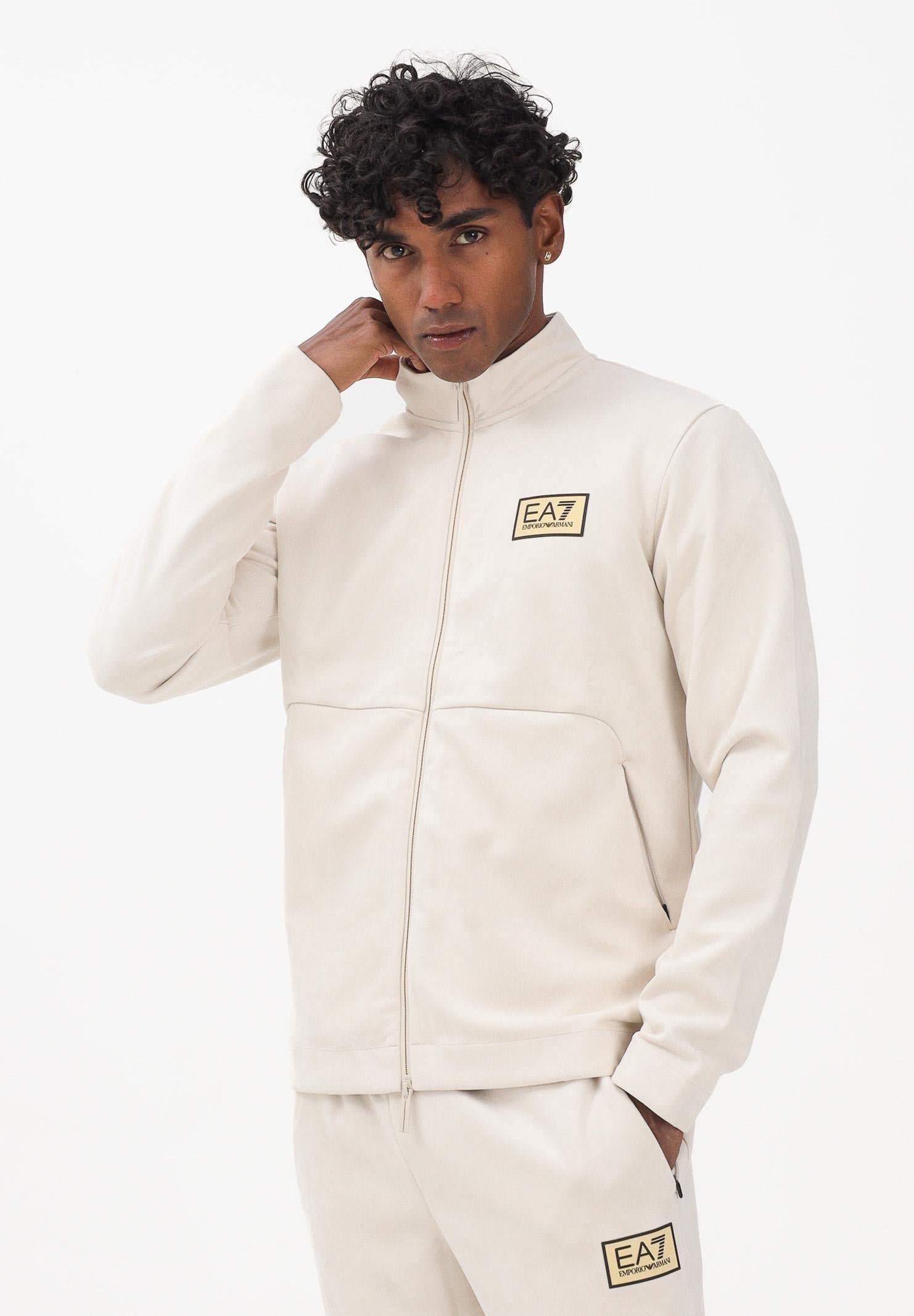 EA7 Felpa con zip panna da uomo in tessuto effetto scamosciato 7M000674AF16718 U1086 EA7 