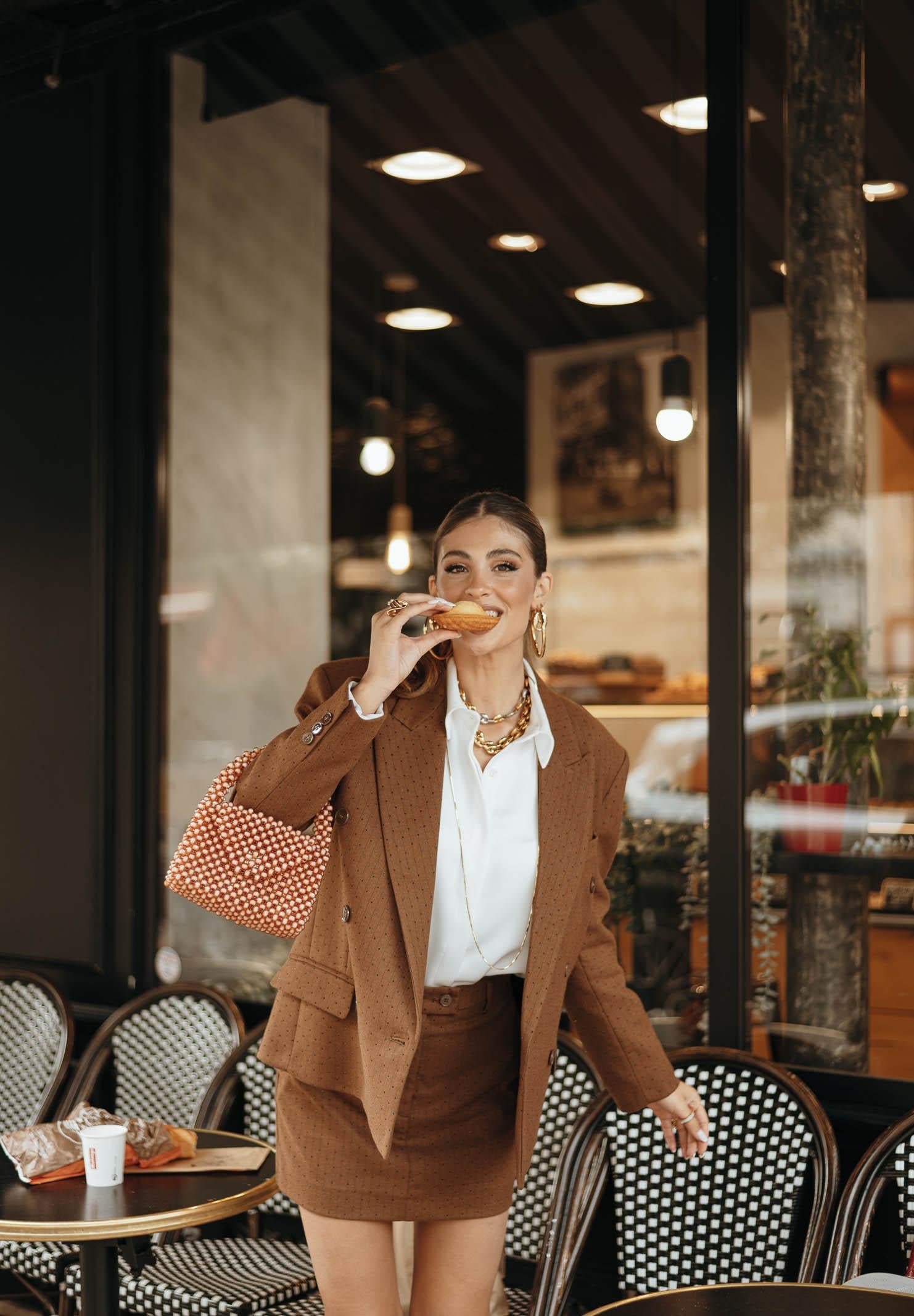 VICOLO Giacca doppiopetto cammello da donna con motivo gessato e strass TF0258 FFCU VICOLO 