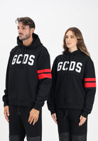 GCDS Felpa con cappuccio nera per uomo e donna rifinta da logo e bande a contrasto B1XM1901JI0 99 GCDS 