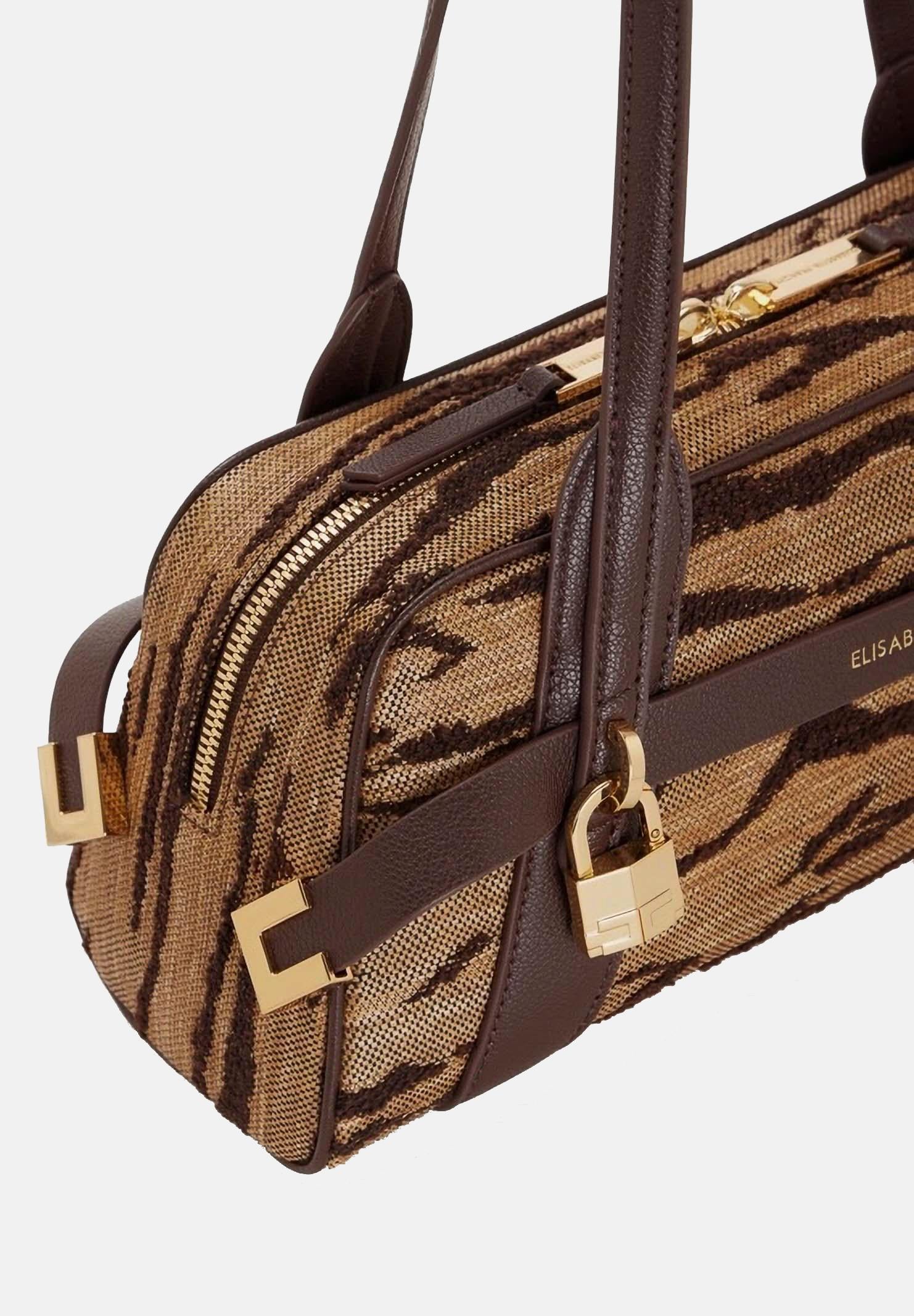 ELISABETTA FRANCHI Borsa a spalla cammello e marrone da donna con stampa tigre<BR/> BS11A62E2 470 ELISABETTA FRANCHI 