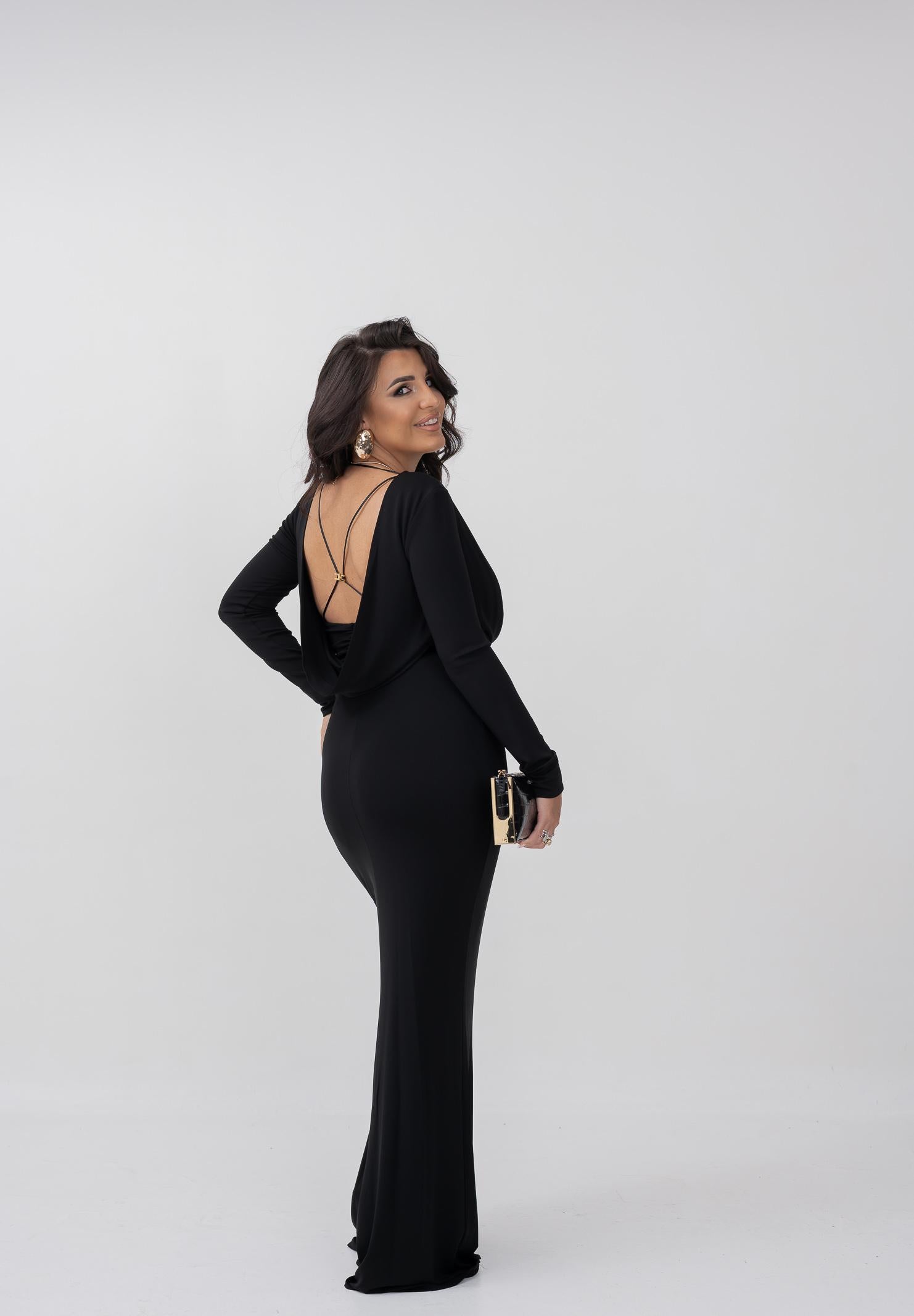 ELISABETTA FRANCHI Abito lungo nero da donna in jersey crêpe fluido<BR/> ABR0356E2 110 ELISABETTA FRANCHI 