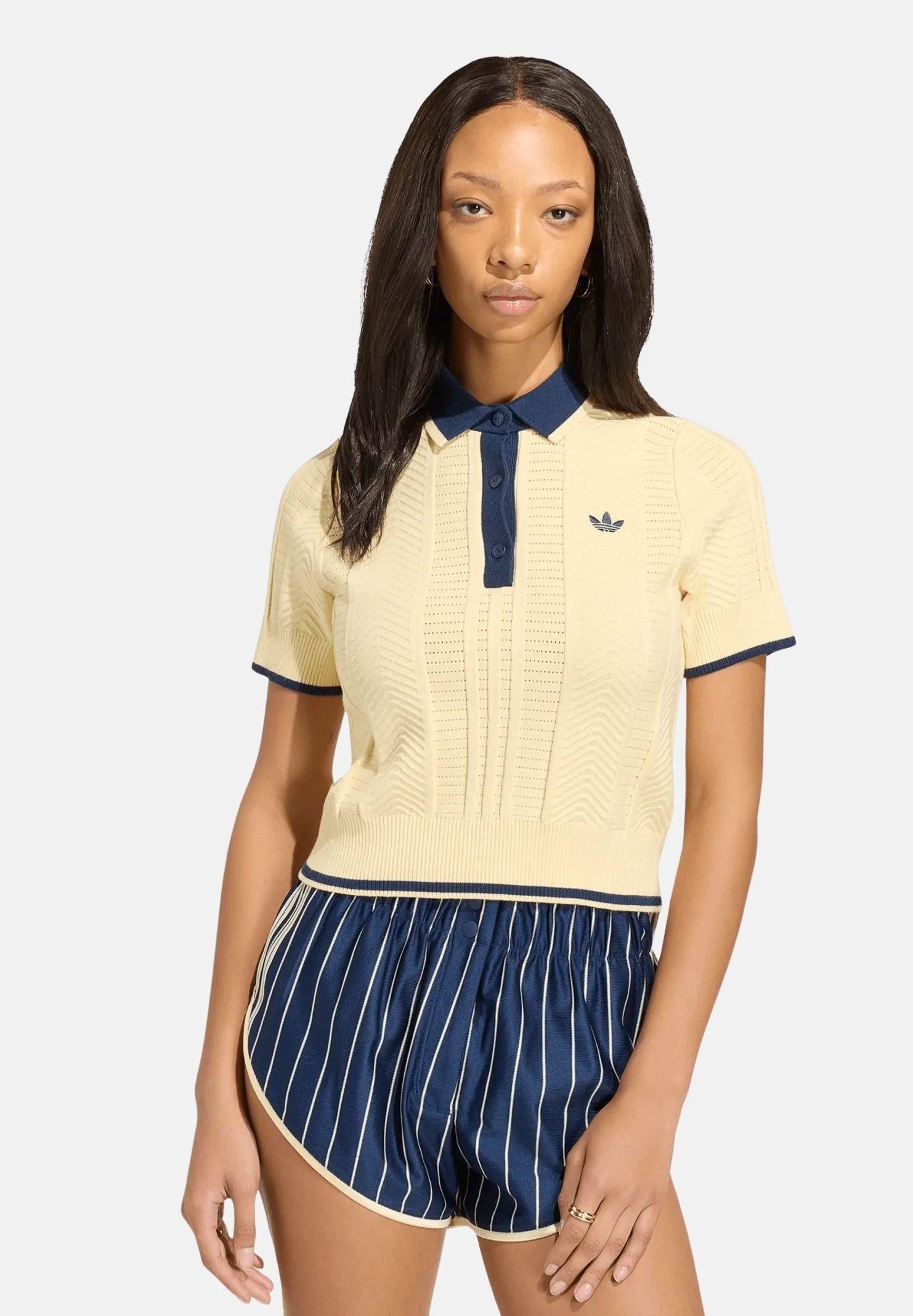 ADIDAS ORIGINALS Polo Cable Knit Cali Tee Almost Yellow giallo chiaro e blu navy da donna KT1862 . ADIDAS ORIGINALS 