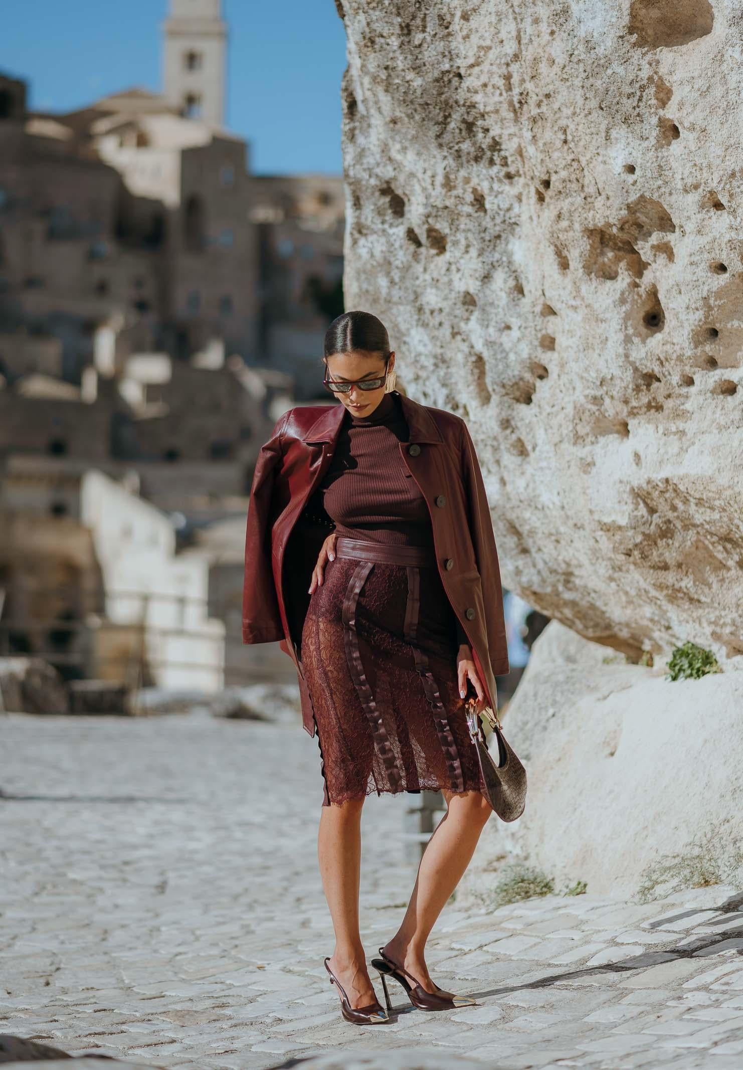 ELISABETTA FRANCHI Gonna midi in pizzo floreale bordeaux da donna GO14457E2 EA4 ELISABETTA FRANCHI 