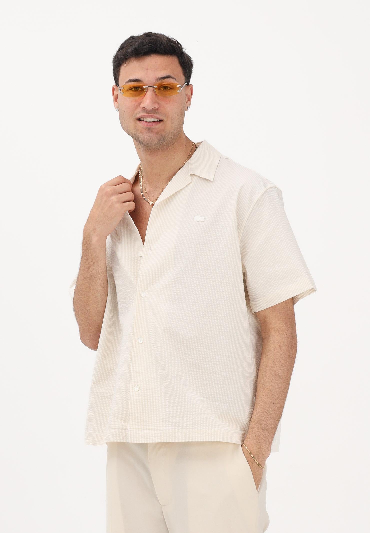 LACOSTE Camicia a manica corta panna da uomo in seersucker CH2355 FM0 LACOSTE 