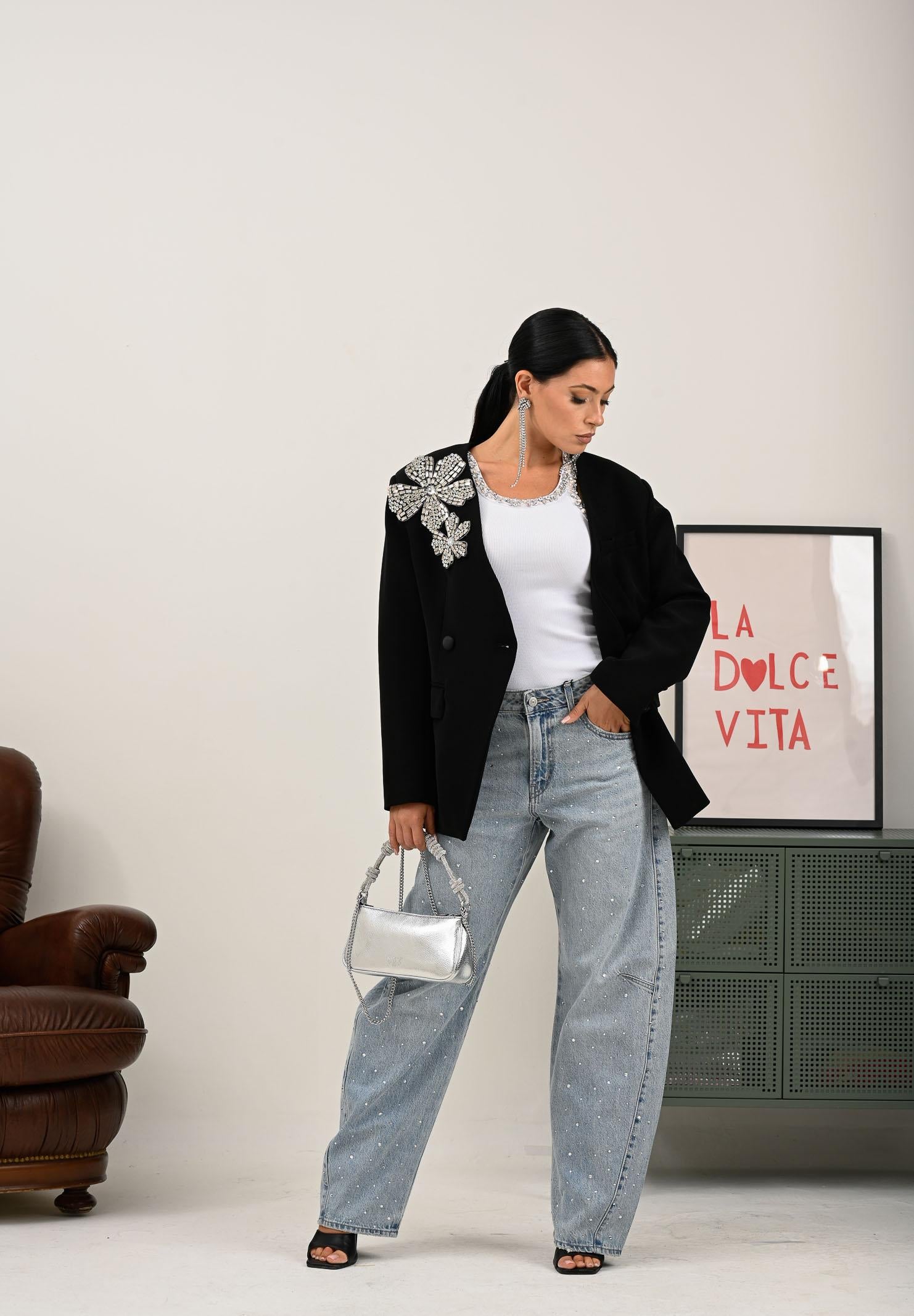 TPN Giacca doppiopetto Arlee nera da donna con applicazione fiore in strass ARLEE402W5 D6 TPN 