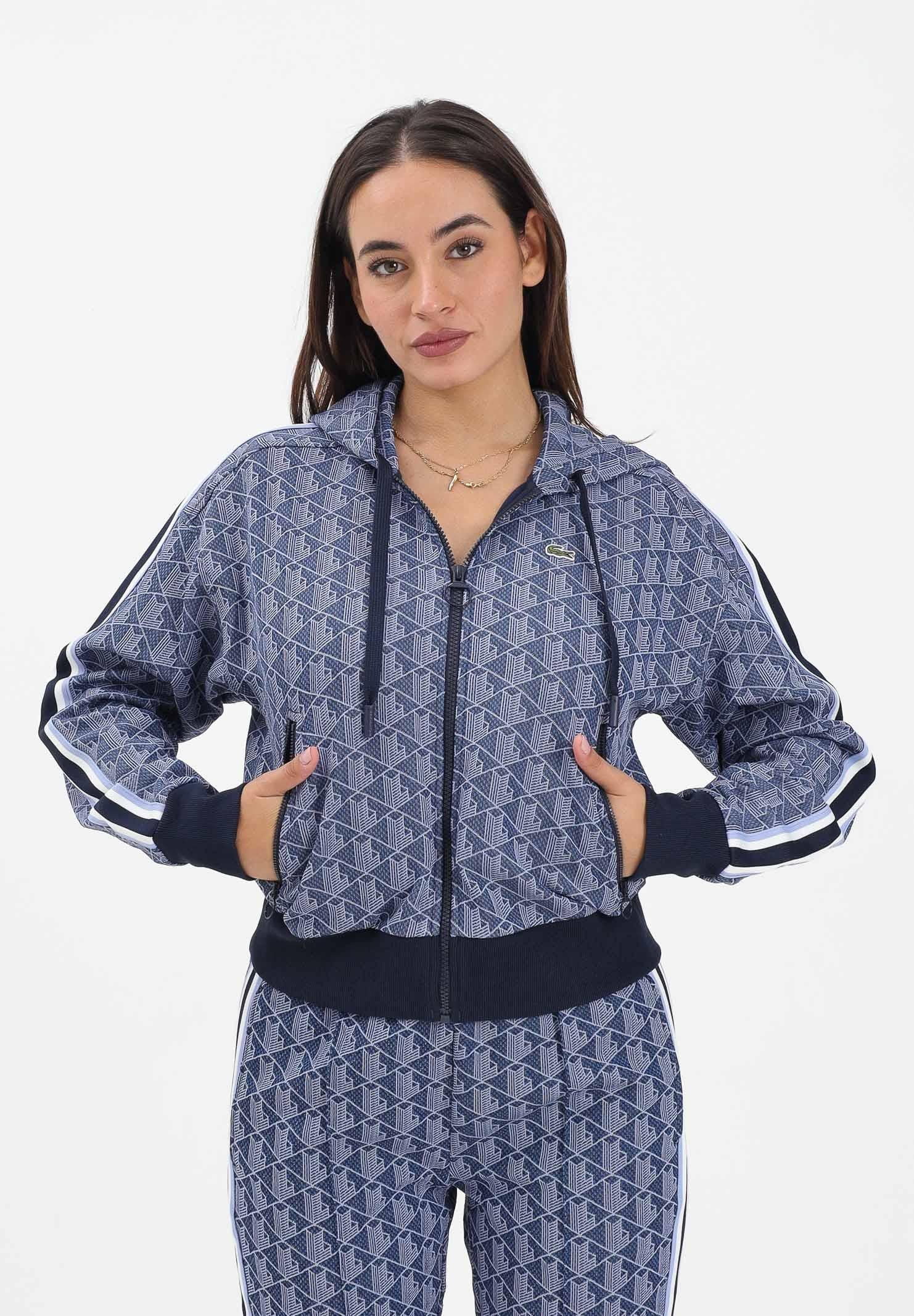 LACOSTE Felpa con zip blu da donna in jacquard con monogramma SF7606 AIT LACOSTE 