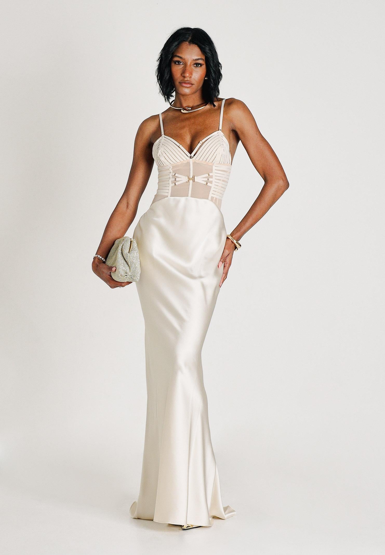 ELISABETTA FRANCHI Abito lungo avena da donna in raso ABR5362E2 197 ELISABETTA FRANCHI 