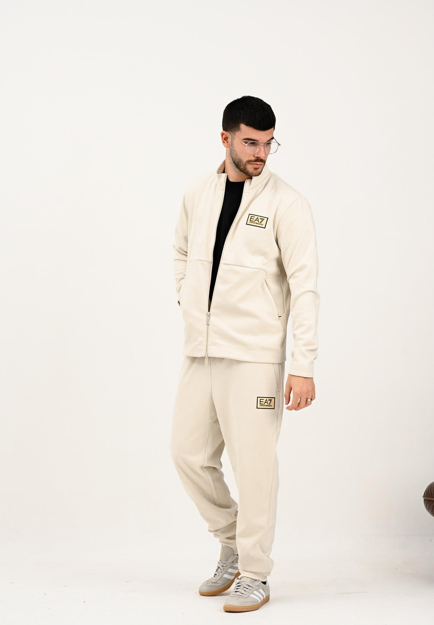 EA7 Felpa con zip panna da uomo in tessuto effetto scamosciato 7M000674AF16718 U1086 EA7 