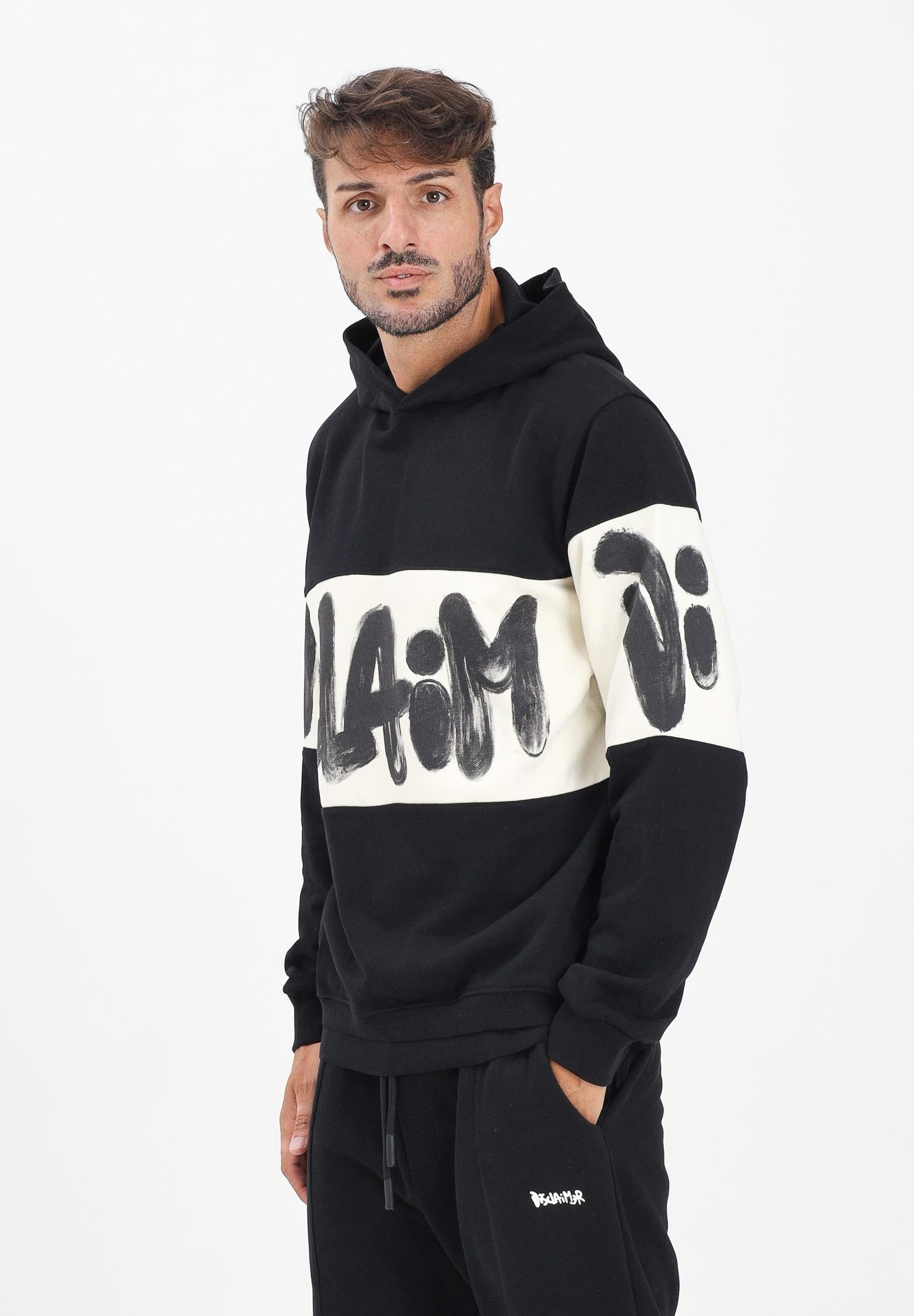 DISCLAIMER Felpa con cappuccio nera da uomo rifinita da inserto panna con logo 25IDS55362 NELA DISCLAIMER 