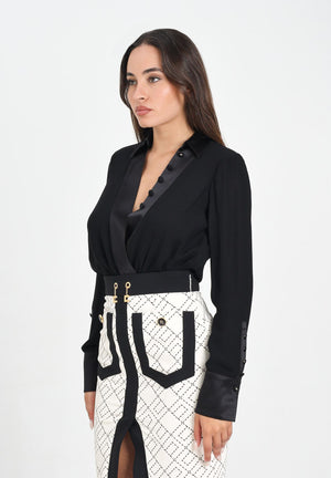 ELISABETTA FRANCHI Body a manica lunga nero da donna in georgette di viscosa e raso CB00356E2 110 ELISABETTA FRANCHI 