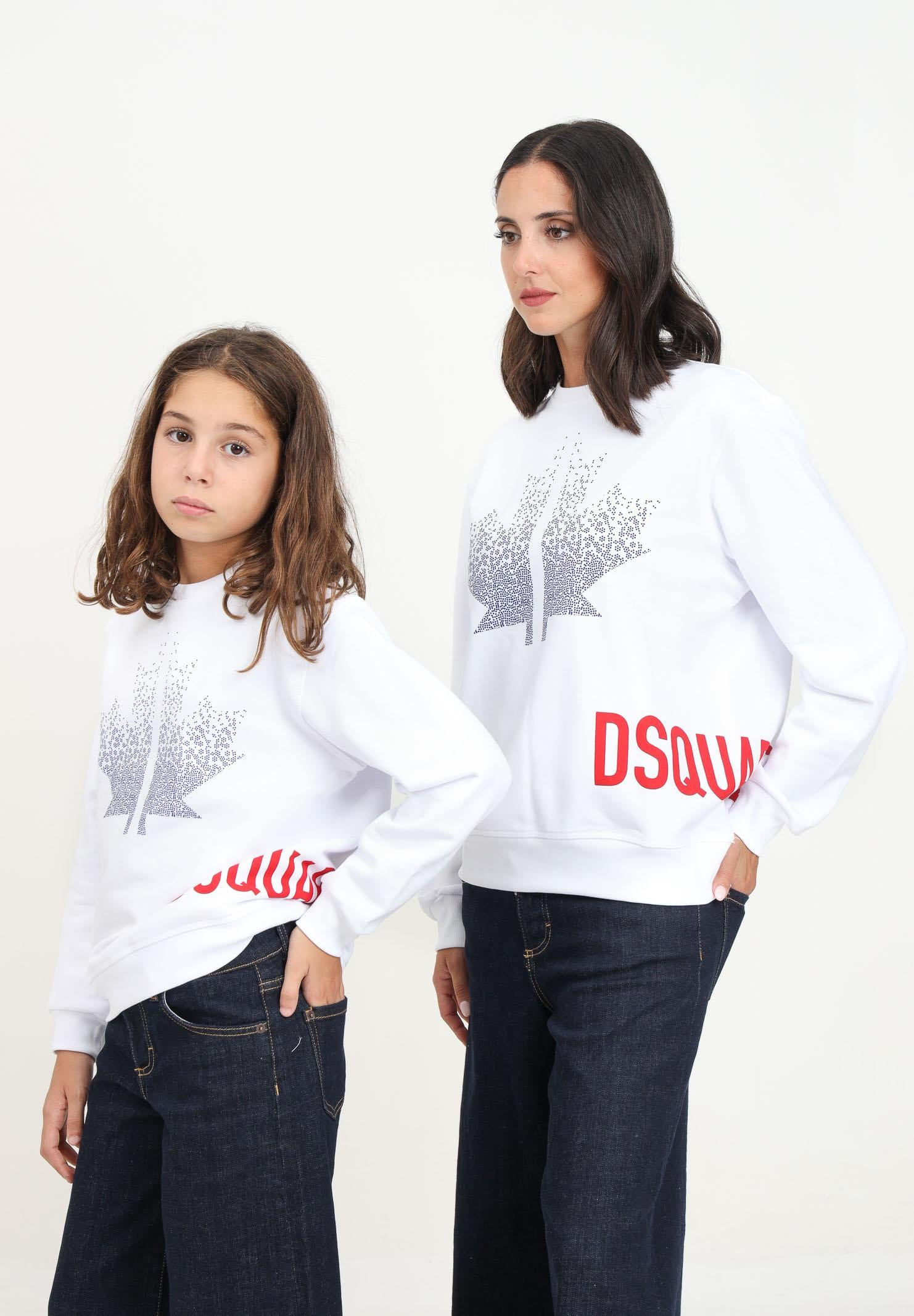 Felpa girocollo bianca per donna e bambina con stampa Caviar Leaf e logo DQ2538D0094 DQ100 DSQUARED2 