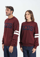 GCDS Maglione girocollo bordeaux per uomo e donna con logo e bande a contrasto B2XM1506I5 49 GCDS 