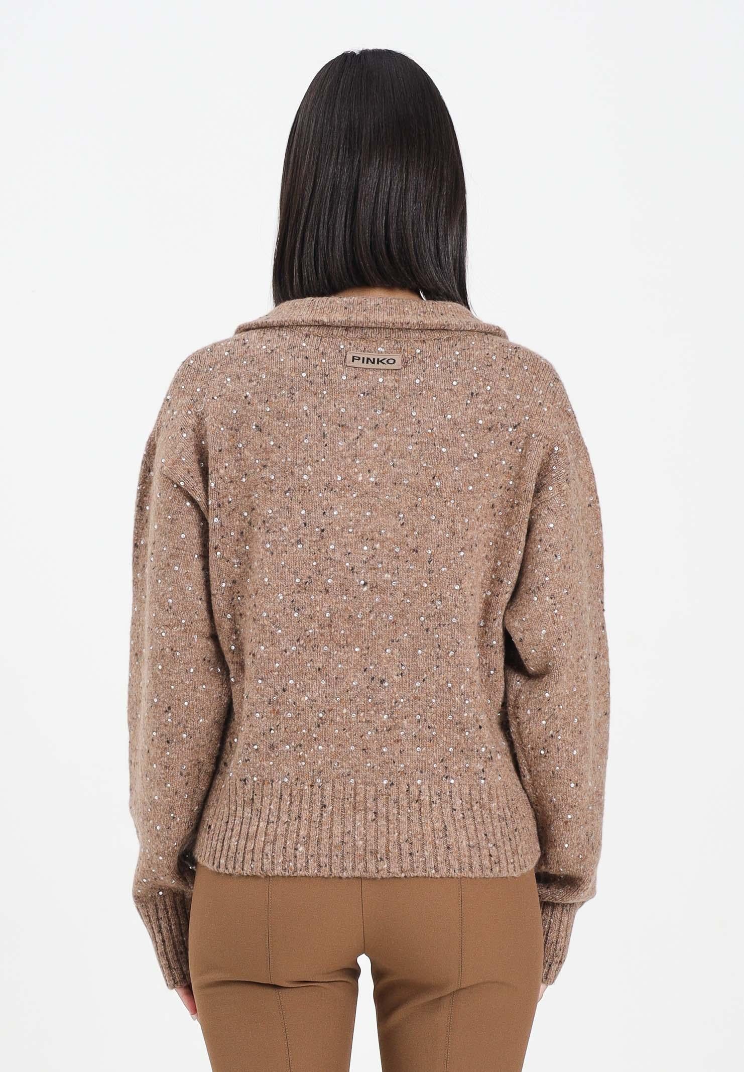 PINKO Maglioncino con scollo a V beige da donna realizzato in morbido tessuto con strass 105684A2U4 C3Z PINKO 