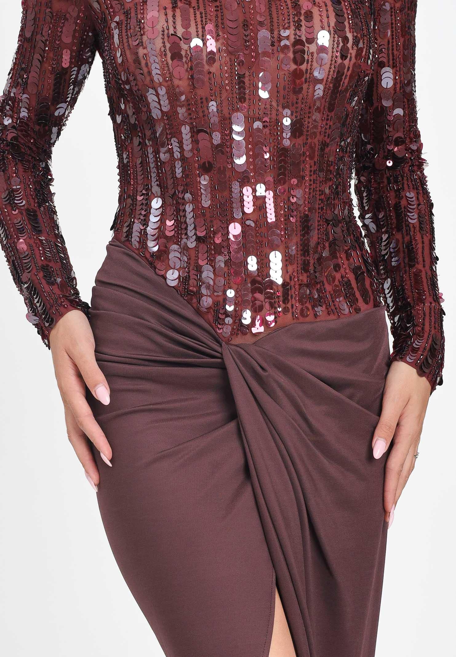 ELISABETTA FRANCHI Abito lungo bordeaux da donna in tulle e jersey con paillettes ABR2057E2 CG3 ELISABETTA FRANCHI 