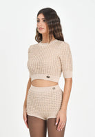 ELISABETTA FRANCHI Maglia a manica corta beige da donna con paillettes<BR/> MK18Q56E2 EA2 ELISABETTA FRANCHI 