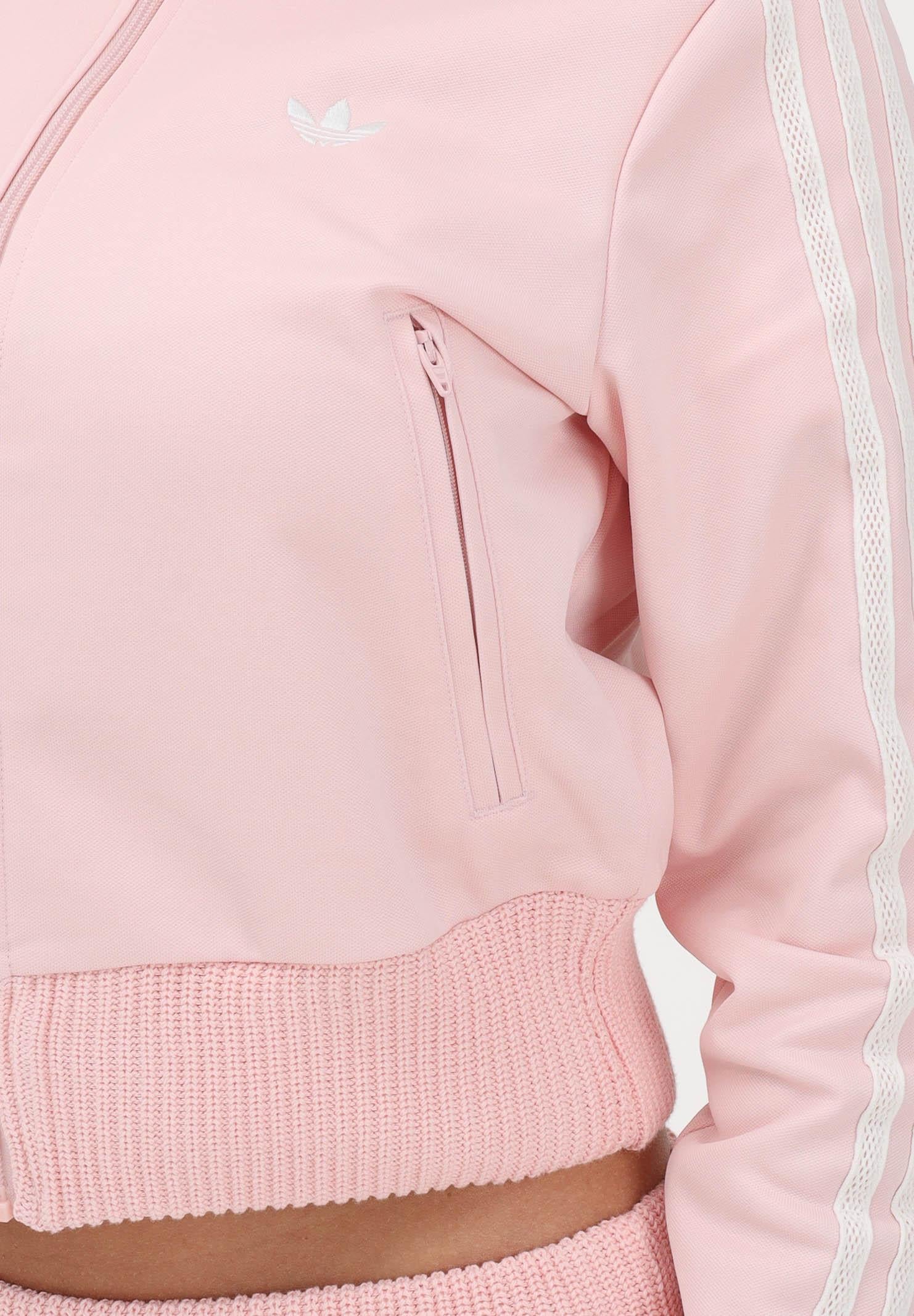 ADIDAS ORIGINALS Felpa con zip Firebird rosa da donna con dettagli in maglia all'uncinetto KD4321 . ADIDAS ORIGINALS 