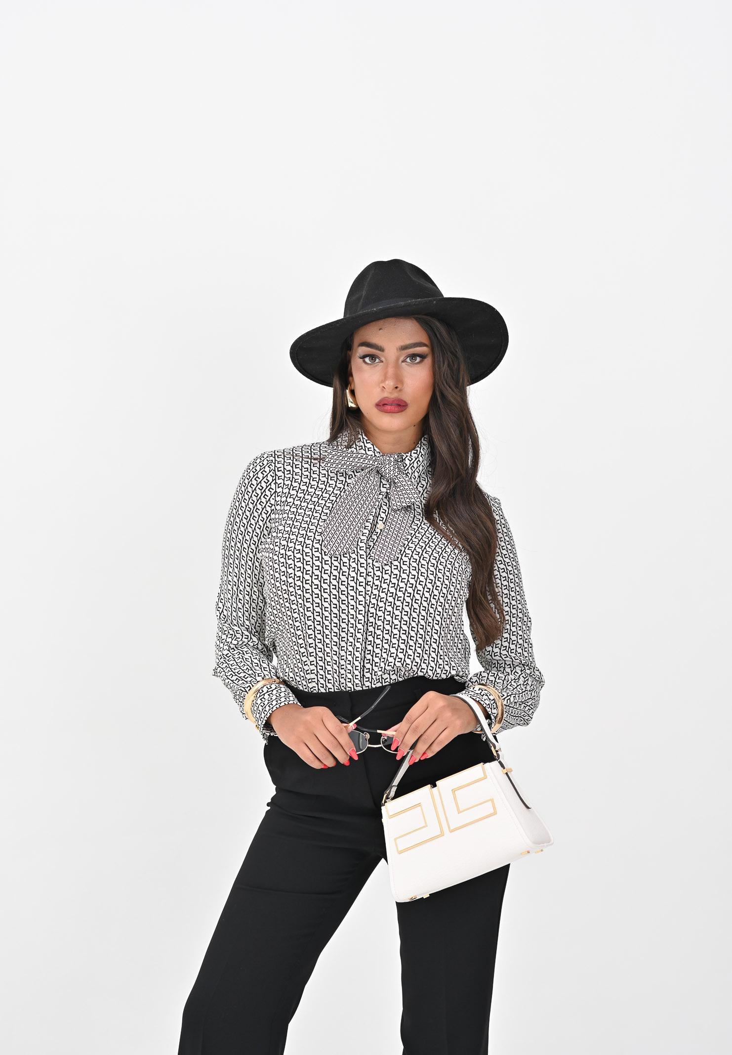 ELISABETTA FRANCHI Camicia a manica lunga panna da donna in georgette stampata con cravatta CA10956E2 EF1 ELISABETTA FRANCHI 