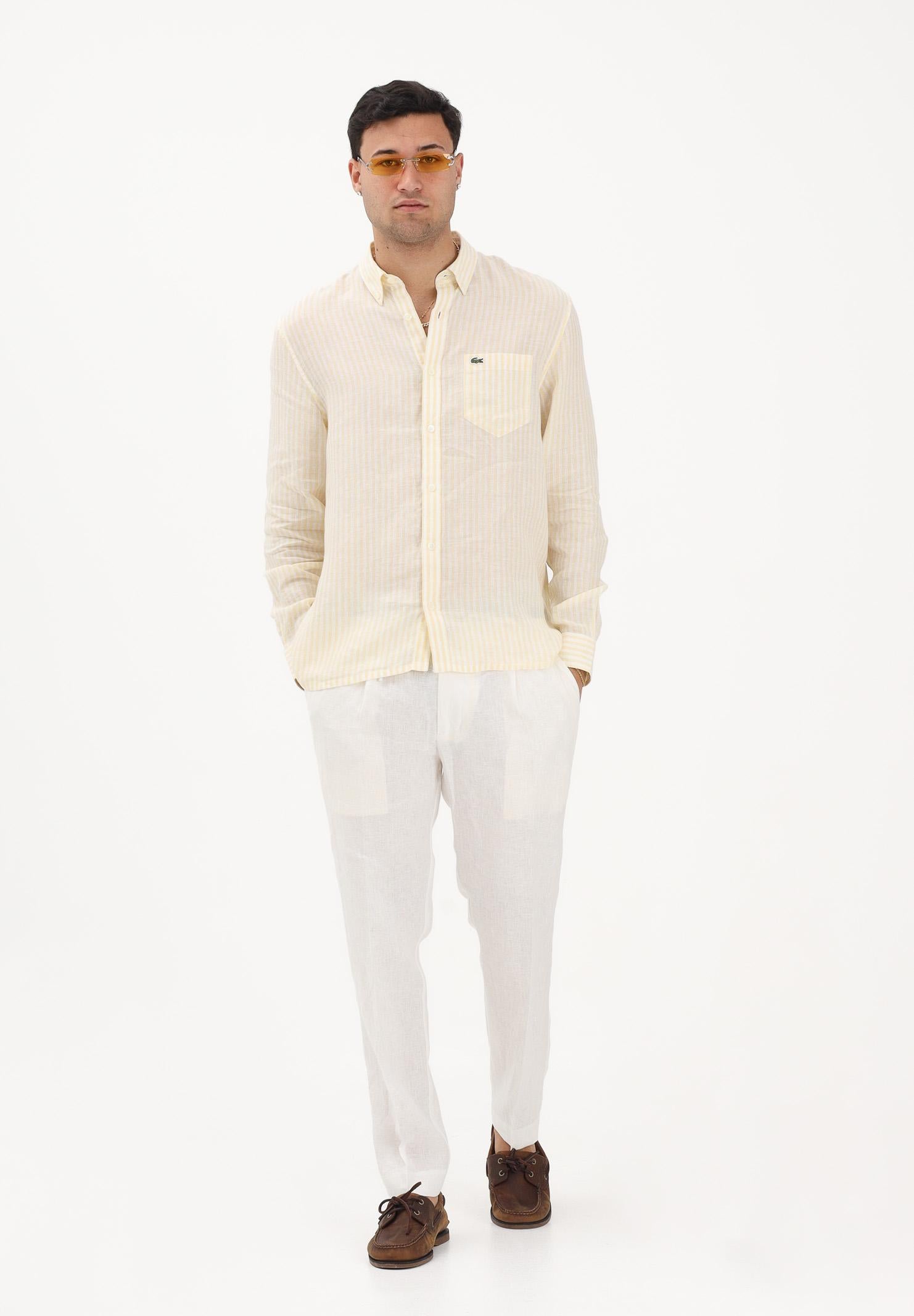 LACOSTE Camicia a manica lunga gialla e bianca da uomo con motivo a righe CH6985 2AI LACOSTE 
