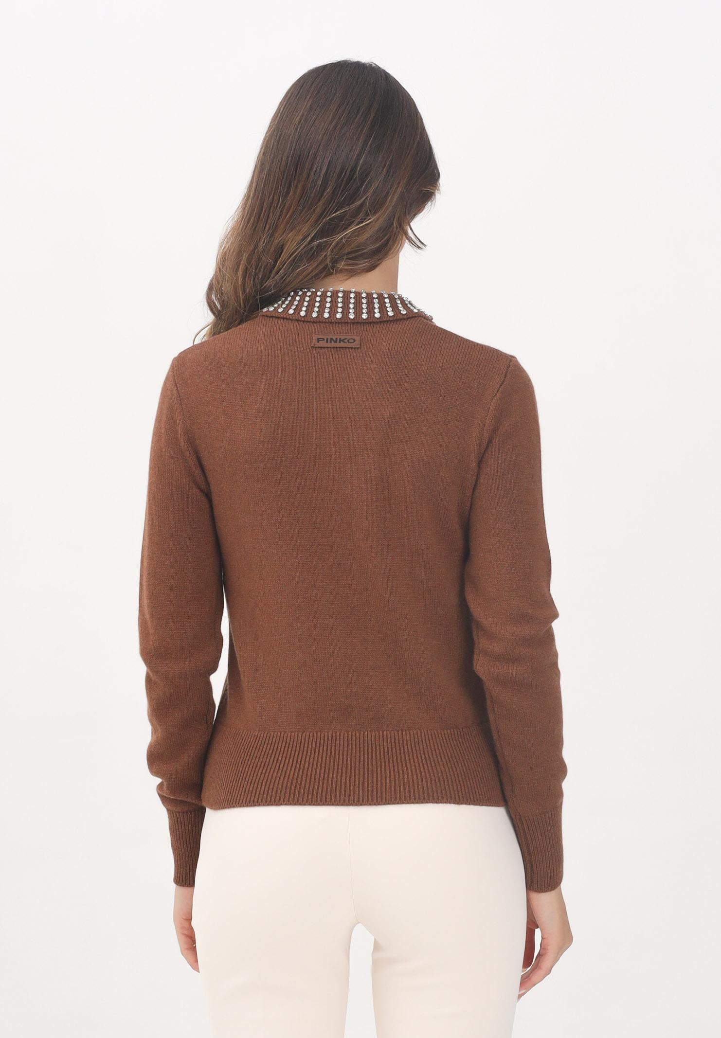 PINKO Maglioncino marrone da donna con colletto impreziosito da pietre gioiello 105530A2S4 L81 PINKO 