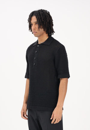 I'M BIRAN Polo nera da uomo in tessuto lavorato a maglia traforata MA3604 009 I'M BRIAN 