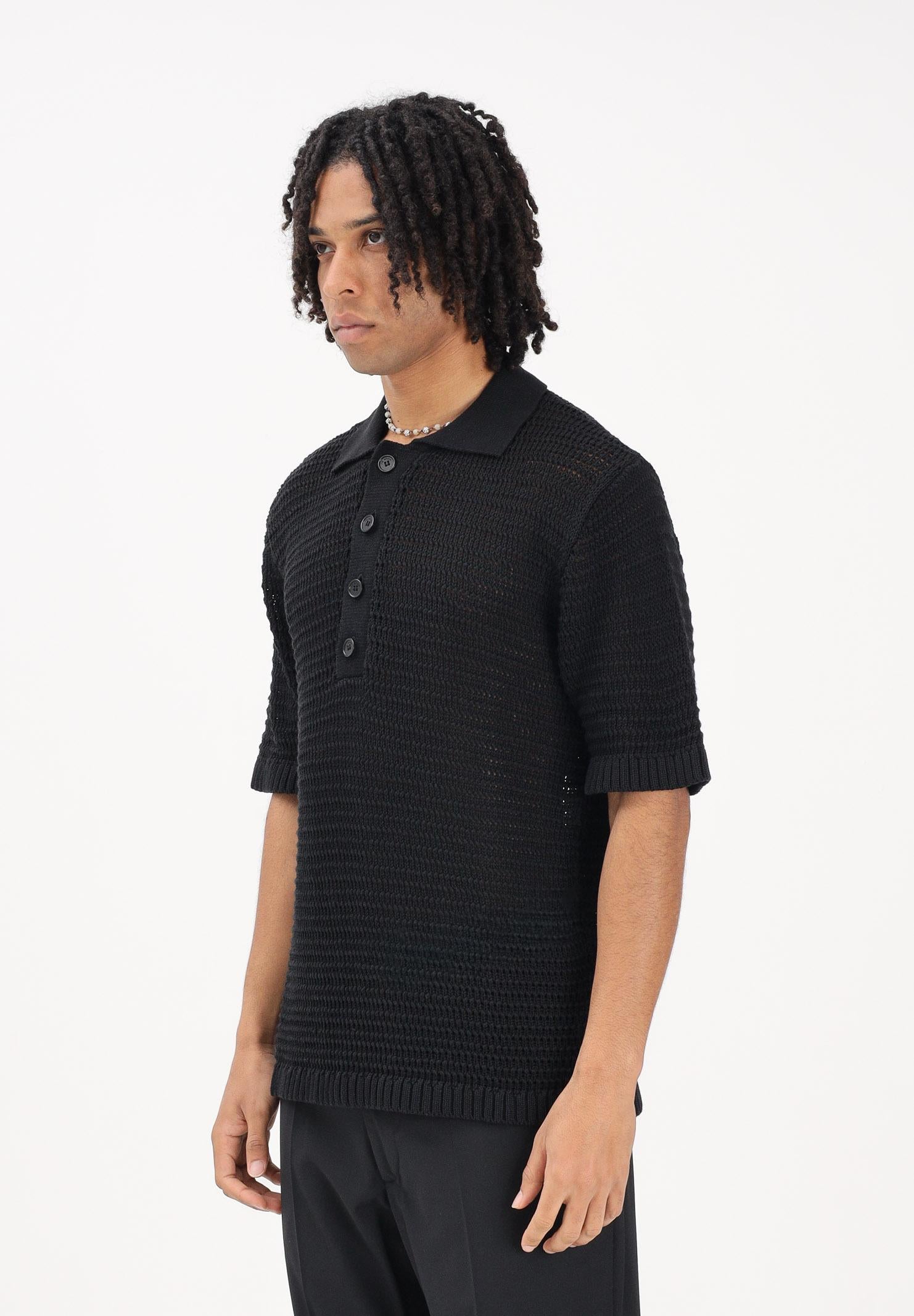 I'M BIRAN Polo nera da uomo in tessuto lavorato a maglia traforata MA3604 009 I'M BRIAN 