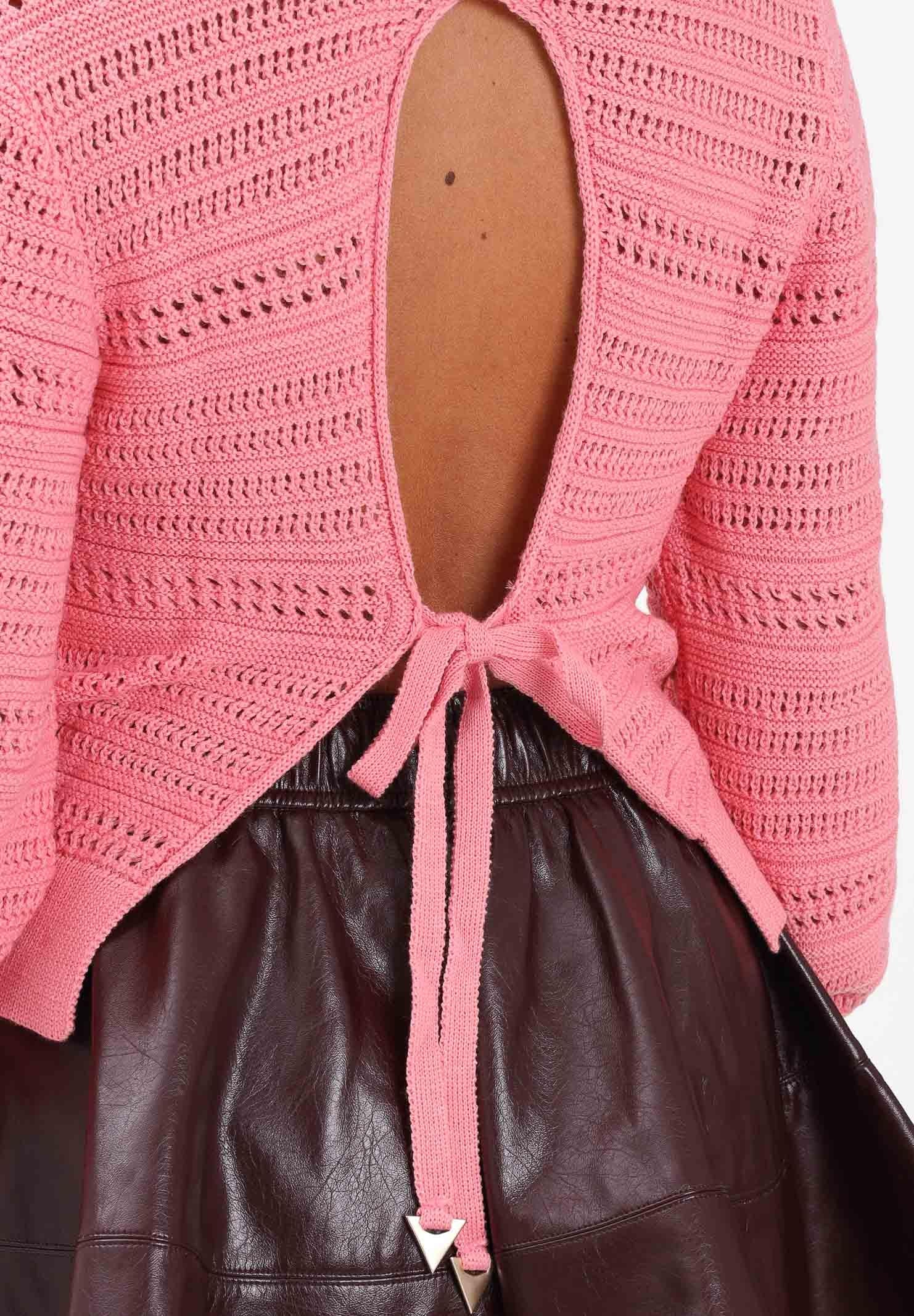 AKEP Maglia girocollo rosa blush da donna con lavorazione a righe traforate MGKD11064 V1 AKEP 