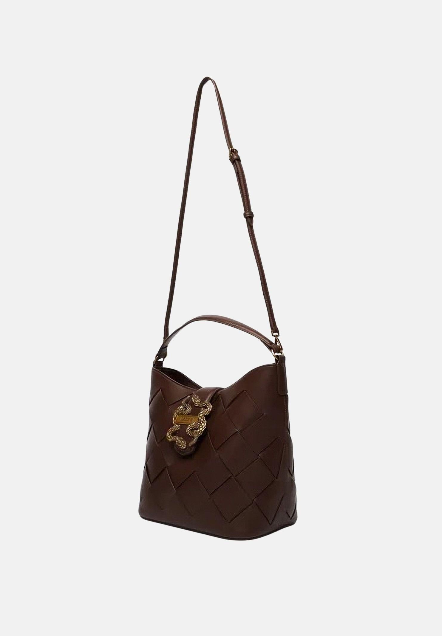 JUST CAVALLI Borsa a mano marrone da donna con lavorazione intrecciata e fibbia logo 80RA4BM4ZSD88 772 JUST CAVALLI 