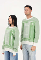 LACOSTE Maglione girocollo bianco e verde per uomo e donna con grafica campo da tennis AH0619 4SI LACOSTE 