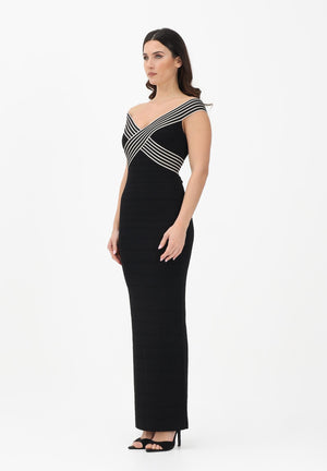 ELISABETTA FRANCHI Abito lungo nero da donna con bande a righe AM75S61E2 685 ELISABETTA FRANCHI 