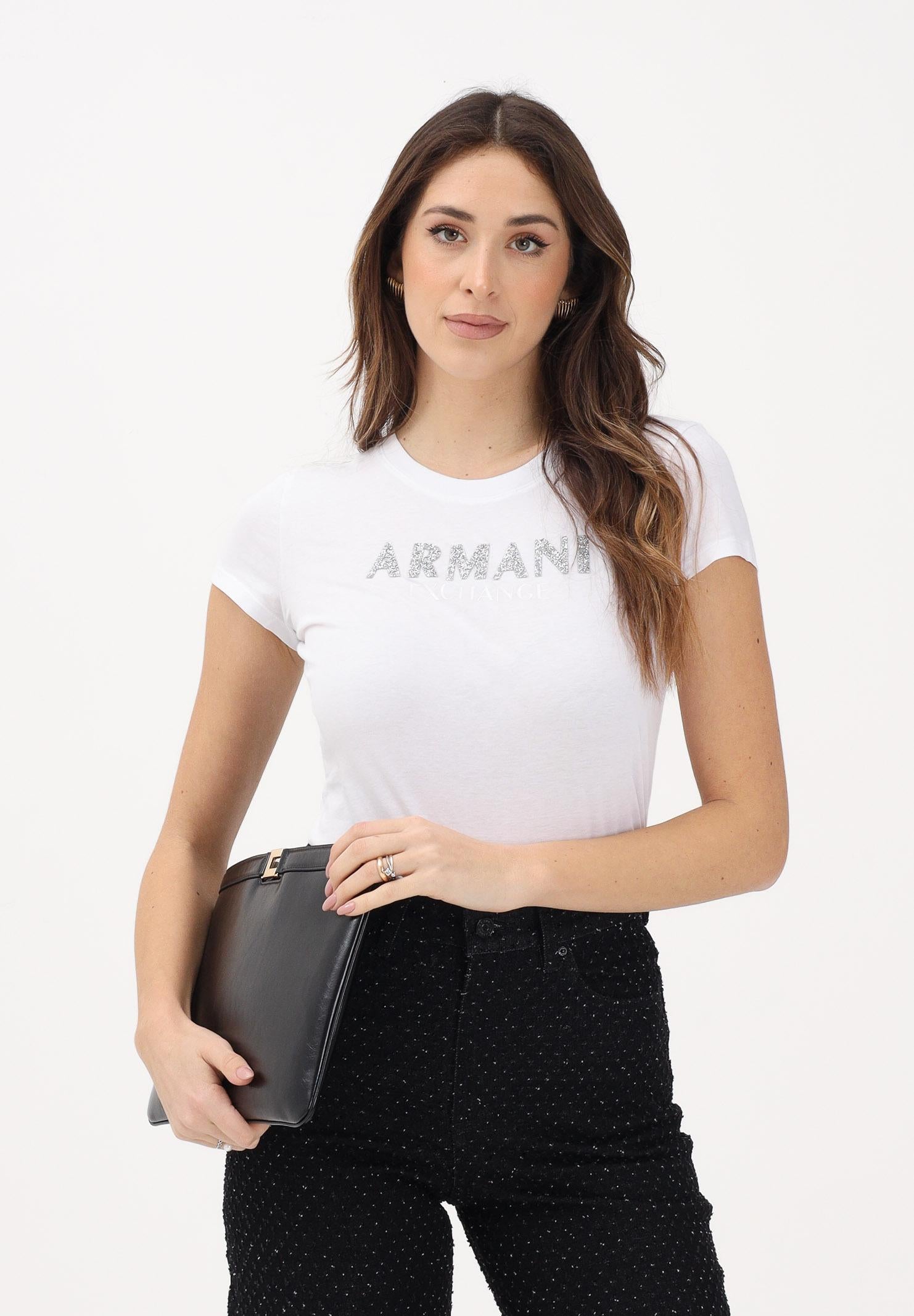 ARMANI EXCHANGE T-shirt a manica corta bianca da donna con logo in strass XW002106AF10356 U0002 ARMANI EXCHANGE 