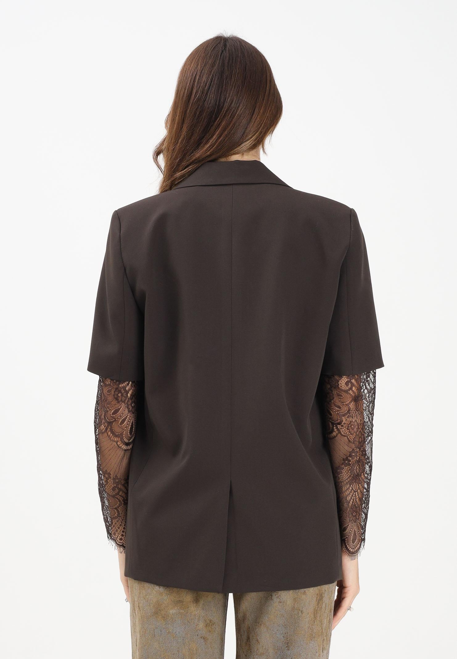 VICOLO Giacca monopetto marrone da donna con maniche corte e dettagli in pizzo TF0617 FA VICOLO 