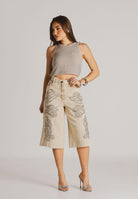 PATRIZIA PEPE Bermuda in denim beige da donna con strass 2P1771D154 B895 PATRIZIA PEPE 