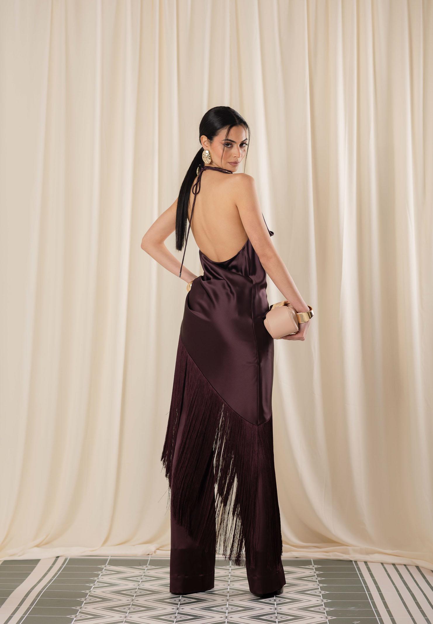 PINKO Abito midi bordeaux da donna in satin con frange 106430A33D R57 PINKO 
