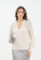 PATRIZIA PEPE Maglioncino scollo a v panna da donna con strass sulle spalle 2K0332K295 W405 PATRIZIA PEPE 