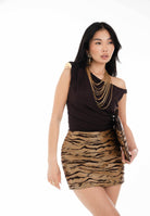 ELISABETTA FRANCHI Gonna corta beige da donna in tessuto effetto rafia con stampa tigre GO17762E2 470 ELISABETTA FRANCHI 