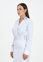 ELISABETTA FRANCHI Body a manica lunga celeste da donna in georgette di viscosa e  raso CB00356E2 EA7 ELISABETTA FRANCHI 