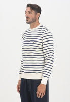 TOMMY HILFIGER Felpa girocollo da uomo a righe orizzontali blu navy su fondo panna MW0MW407000FA  TOMMY HILFIGER 