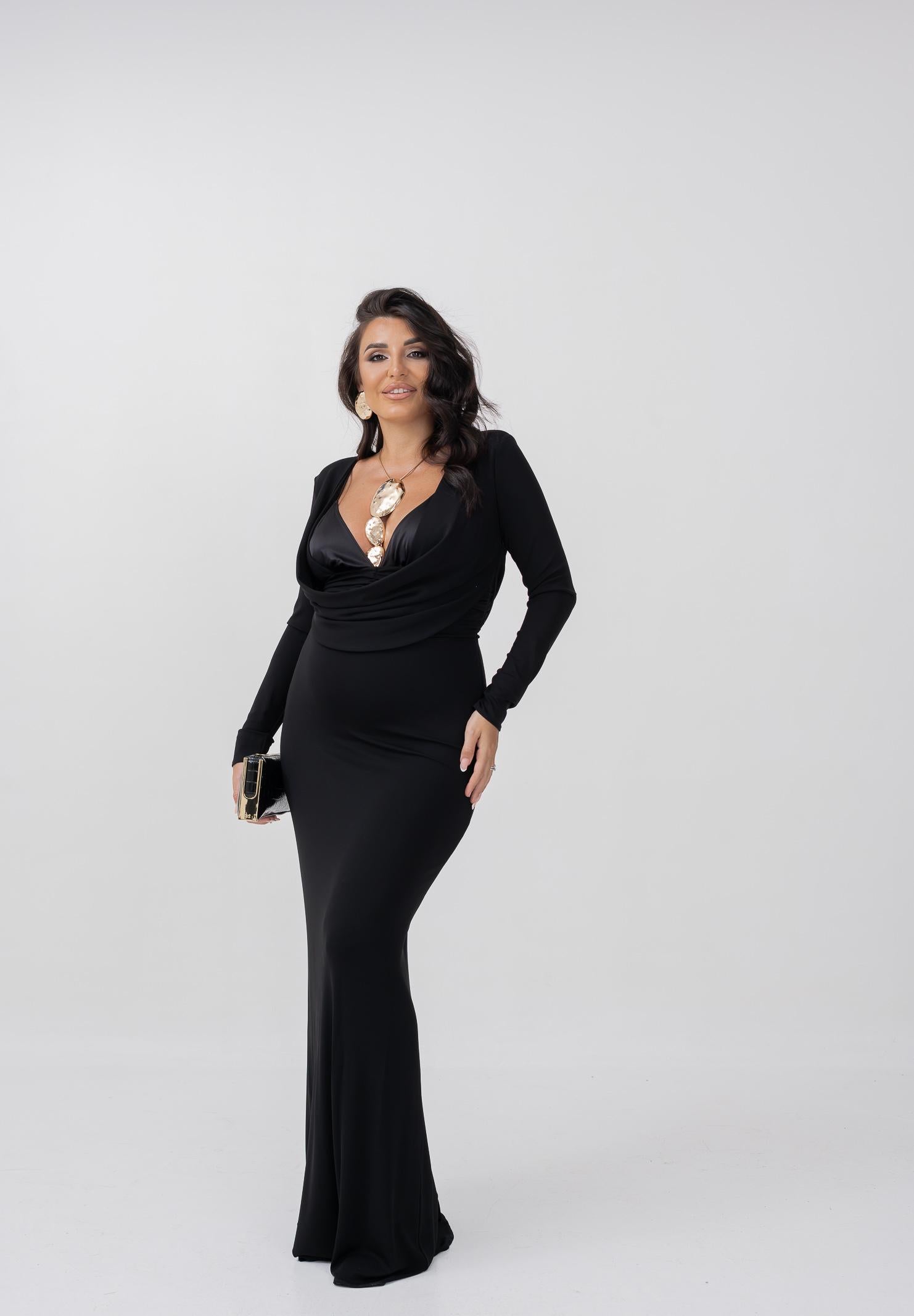 ELISABETTA FRANCHI Abito lungo nero da donna in jersey crêpe fluido<BR/> ABR0356E2 110 ELISABETTA FRANCHI 