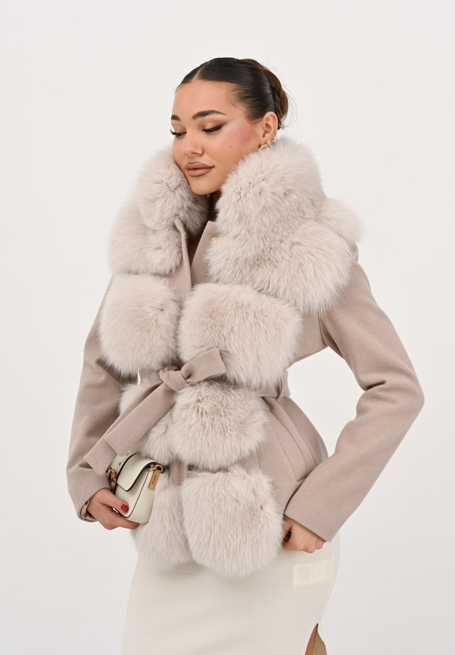 YES LONDON Cappotto corto beige da donna con vera pelliccia CD1203 BE YES LONDON 