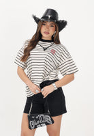 VICOLO T-shirt a manica corta panna e nera da donna con motivo a righe e ricamo RAB0554 NANE VICOLO 