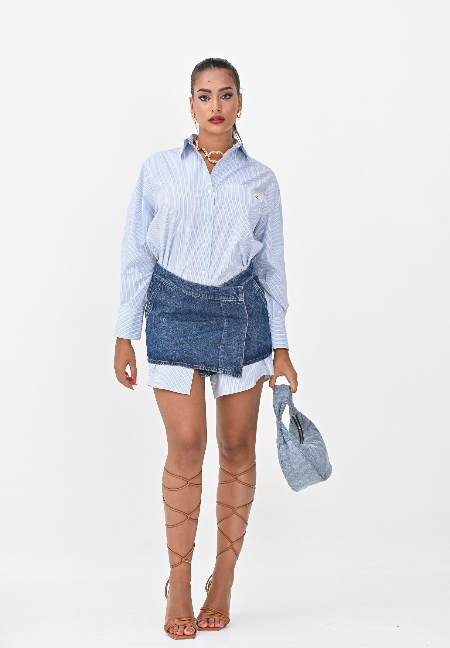 ELISABETTA FRANCHI Abito Corto Donna: Camicia Righe Blu/Bianche e Minigonna Denim