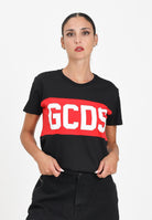 GCDS T-shirt a manica corta nera per donna, ragazzi e bambini con fascia rossa logata B2JU2329JF1 99 GCDS 