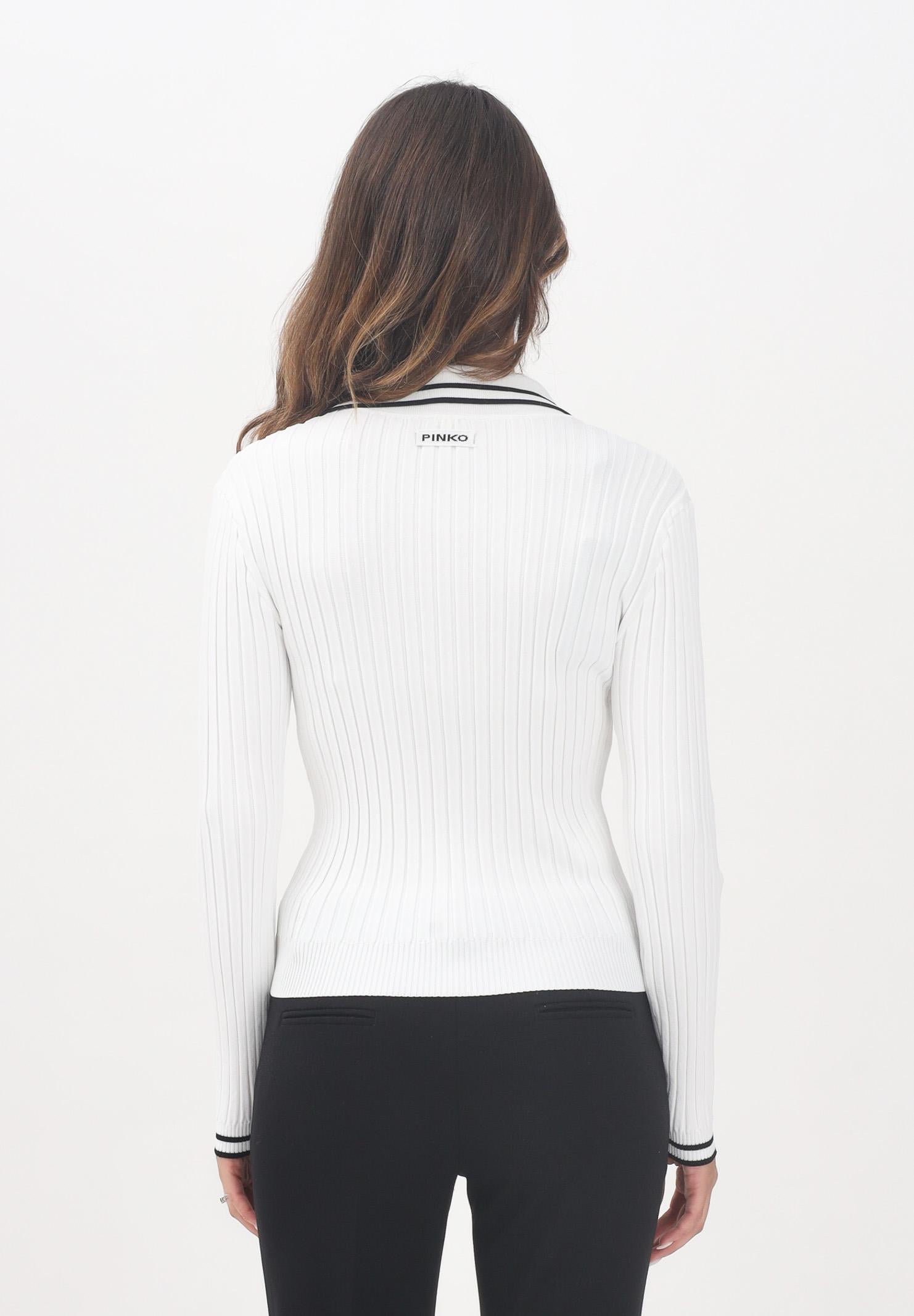 PINKO Maglioncino con scollo a V bianco da donna con profili a righe nere 105418A2PS Z10 PINKO 