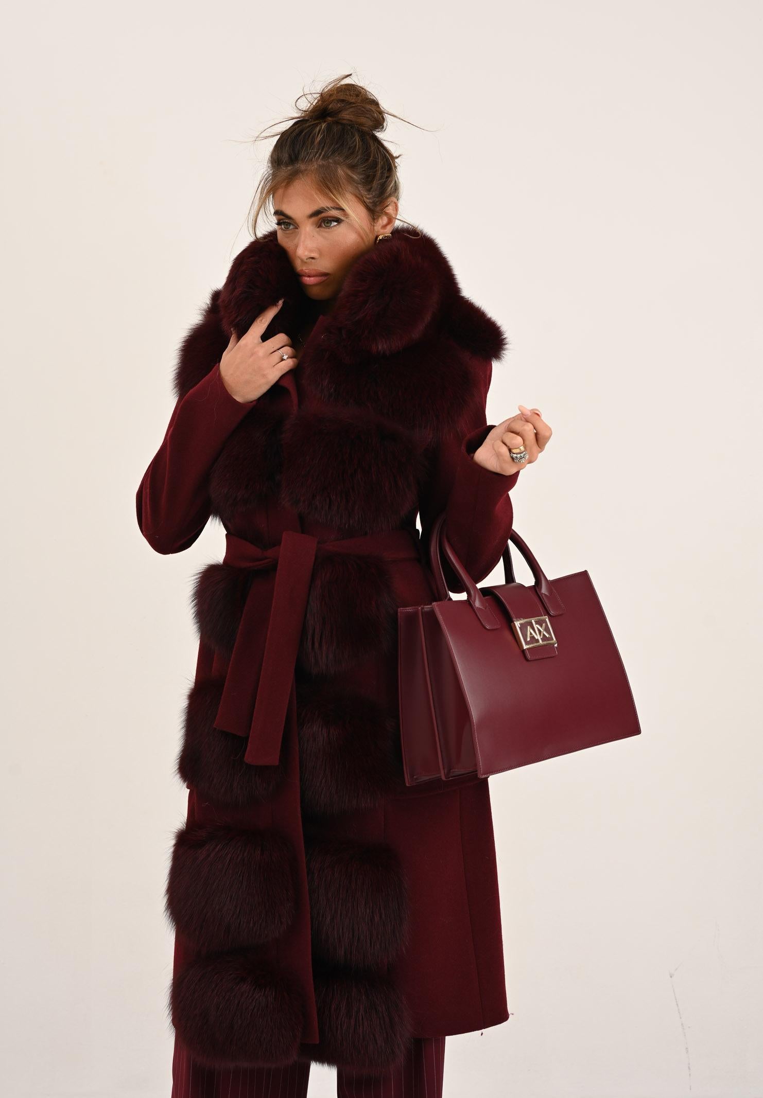 YES LONDON Cappotto bordeaux da donna con dettagli in vera pelliccia di volpe CD1207 BDX YES LONDON 