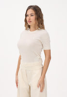 LACOSTE Maglia a manica corta panna da donna in lana merinos a coste AF4146 70V LACOSTE 
